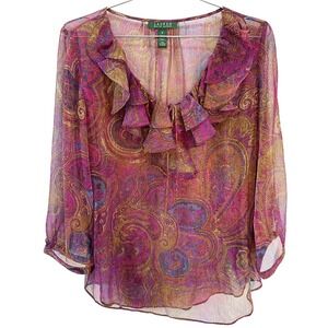 LAUREN RALPH LAUREN Boho Sheer Ruffle Blouse‎ • Medium • Paisley pink, blue